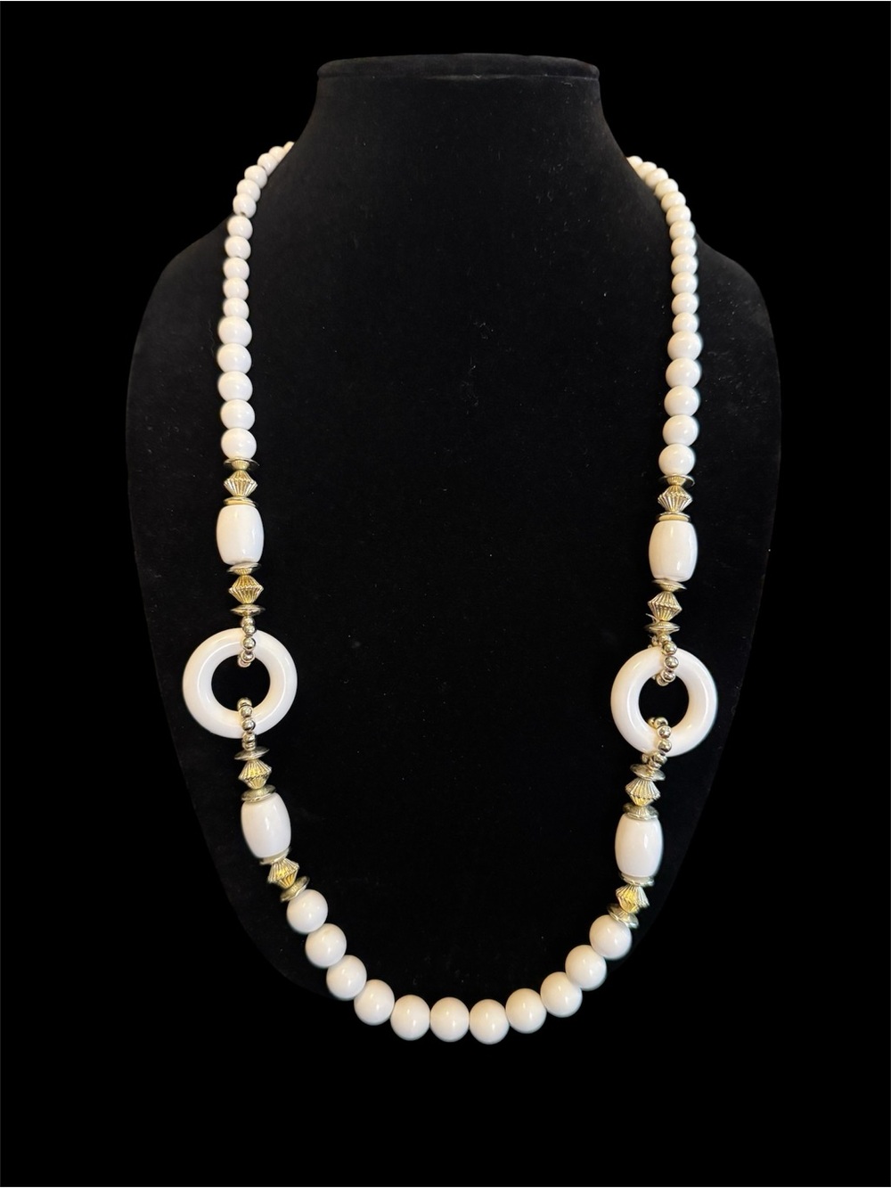 Vintage White Beaded Long Necklace with Gold Accents